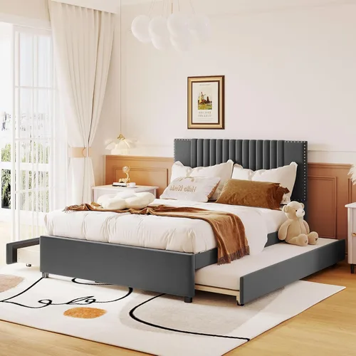 Miniatura 21 de Cama de plataforma tapizada de tamaño matrimonial con nido, cama con plataforma tapizada de vellón de peluche con soporte de listones de madera