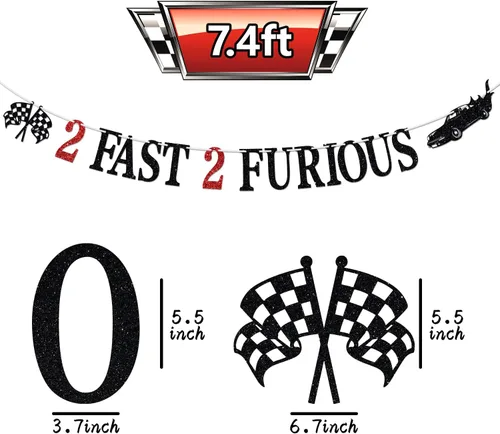 Miniatura 2 de Cartel de 2 Fast 2 Furious - Cartel de banderines de fiesta temática de auto de carreras, decoraciones de segundo cumpleaños para niños, suministros