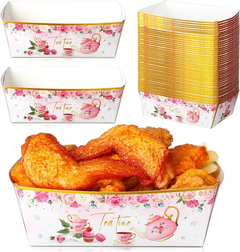 Blulu 50 bandejas de papel para fiestas florales a granel, flores, té, botes, bandejas desechables para aperitivos para mujeres y niñas, fiesta de