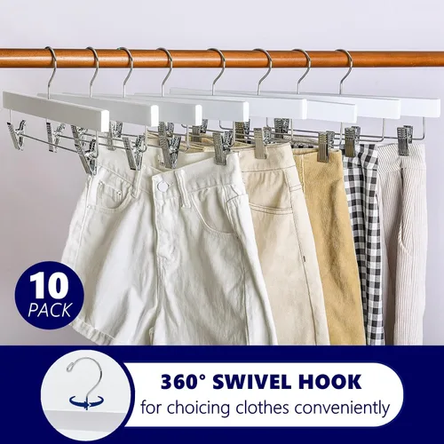 Miniatura 5 de Amber Home Paquete de 10 perchas de madera blanca para pantalones con 2 clips ajustables para jeans, pantalones cortos Blanco