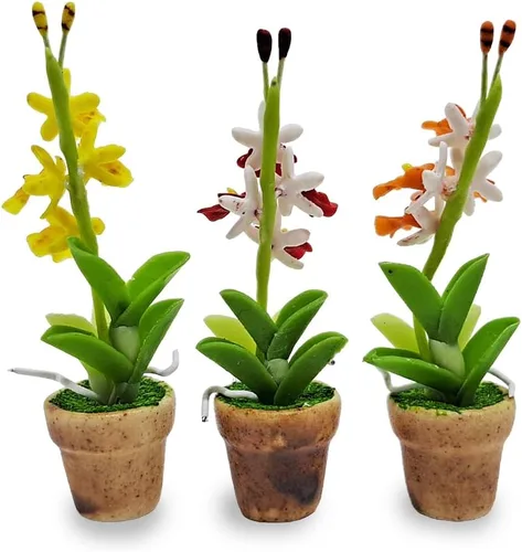 Miniatura 8 de WitnyStore Juego de 3 piezas pequeñas de 2 pulgadas de alto, orquídea amarilla, roja y naranja - Flores artificiales hechas a mano, coloridas