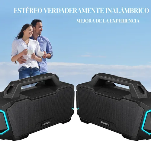 Miniatura 6 de Bocina Bluetooth, Musibaby M1 - Bocinas Bluetooth portátiles: sonido estéreo fuerte con subwoofer, graves profundos, impermeable IPX6, bocina Negro