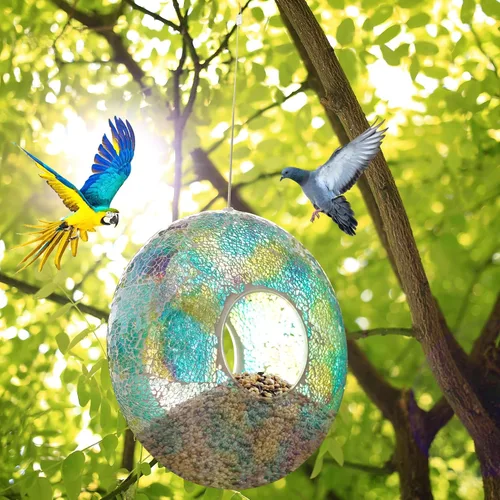 Miniatura 8 de DUSVALLY Comedero colgante para pájaros, comedero redondo para pájaros silvestres, diseño de mosaico de vidrio degradado azul y morado, 9 pulgadas