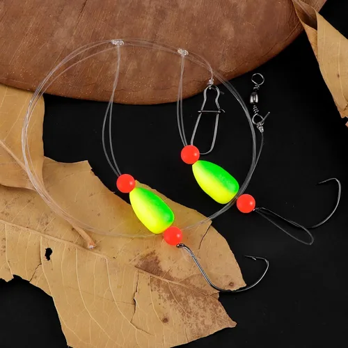 Miniatura 5 de Alwonder Paquete de 5 aparejos de pesca Pompano con flotadores Snell, aparejo giratorio de cebo vivo de agua salada, broches de presión de doble