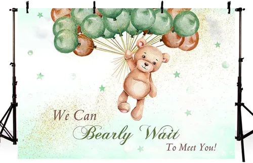 Miniatura 2 de MEHOFOND Telón de fondo de baby shower con texto en inglés "We Can Bearly Wait to Meet You" de 7 x 5 pies, globos azules y marrones, purpurina
