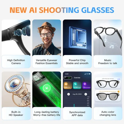Miniatura 7 de Lentes de traductor inteligente con cámara, traducción AI de 11 idiomas, grabación de video y fotos, control de aplicación Bluetooth, para llamadas