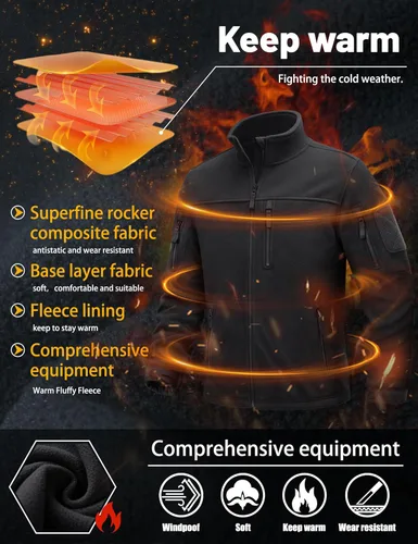 Miniatura 2 de TACVASEN Chaqueta de forro polar para hombre, chaqueta de invierno con cremallera completa, chaqueta táctica ligera, abrigos de senderismo al aire