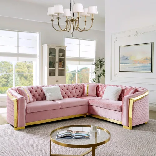 Miniatura 15 de KEIKI Sofá Chesterfield de terciopelo de lujo de gran tamaño de 81 pulgadas con decoración de acero inoxidable dorado, sofá de 3 plazas