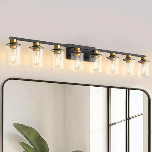 Miniatura 66 de DORESshop Lámparas de baño, 3 luces negras y doradas para baño sobre espejo con pantalla de vidrio transparente, luces de tocador para baño, Negro