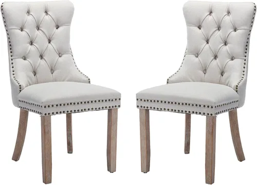 Miniatura 57 de Juego de 6 sillas de comedor modernas para sala de estar, cocina, patas de madera maciza, cojín acolchado de tela de lino, asiento y respaldo