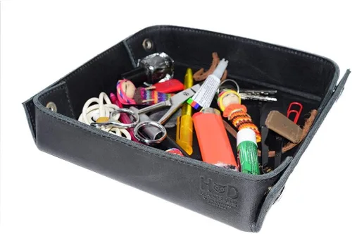 Hide & Drink, Bandeja de cuero Catchall para cambiar, monedas, caja de joyas, gran almacenamiento, hecha a mano, color negro carbón