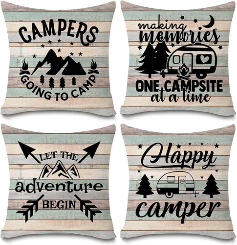 Miniatura 2 de Happy Camper - Juego de 4 fundas de almohada de 16 x 16 pulgadas, con texto en inglés "Welcome to Our Camper", diseño vintage de madera rústica