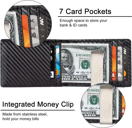 Miniatura 2 de kullder Billetera de fibra de carbono para hombres, cartera personalizada RFID delgada con clip de aluminio para dinero, soporte para tarjetas
