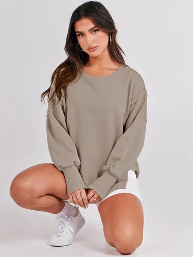 Miniatura 4 de ANRABESS Sudadera de gran tamaño para mujer, cuello redondo, manga larga, casual, con abertura, sin botones, ropa de otoño