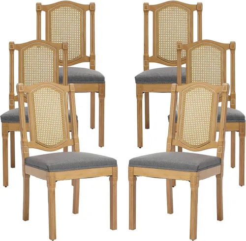 Miniatura 32 de Juego de 2 sillas de comedor de campo francés, sillas de comedor de madera de granja beige, silla de comedor con respaldo tejido con cojín tapizado