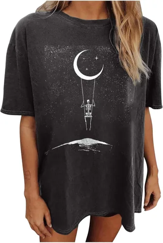 Camiseta de verano Y2k para mujer casual vintage manga corta para niñas de gran tamaño holgada cuello redondo elástico color negro 000 000