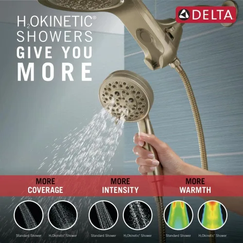 Miniatura 7 de Delta Faucet HydroRain 58680-CZ-PR Cabezal de ducha tipo lluvia H2Okinetic dual de 5 ajustes con rociador de mano, cabezal dorado con manguera