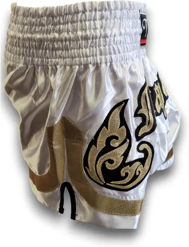 Miniatura 5 de MMA Boxeo Muay Thai Shorts en satén blanco negro oro corte letras