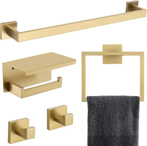 Juego de accesorios de baño de 5 piezas 60 cm Barra de toalla dorada Juego de barra de toalla Anillo de toalla Gancho para abrigos y soporte para