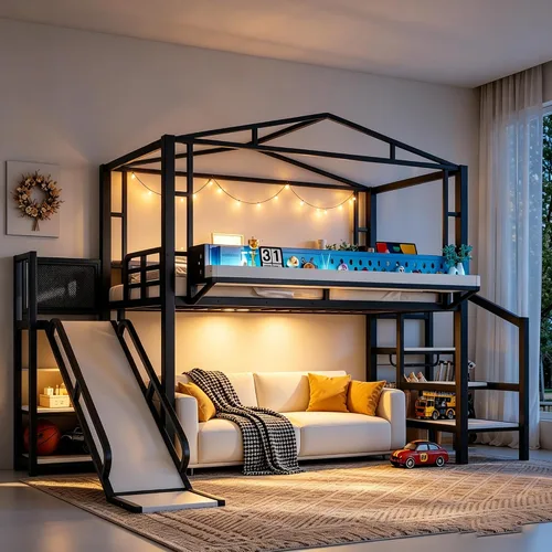 Miniatura 13 de Bellemave Cama Loft de Metal Tipo Casa Tamaño Twin con Tobogán y Escaleras, Marco de Cama Loft Casa de Juegos de Servicio Pesado con Estantes