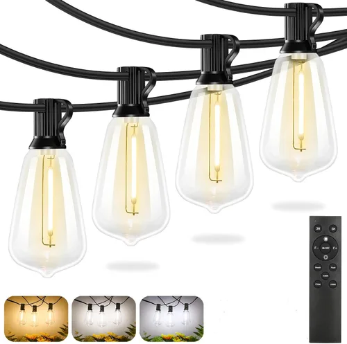Miniatura 9 de Brightever - Guirnalda de luces de exterior de 50 pies, con control remoto, 16 bombillas Edison vintage ST38 inastillables, 3 modos, 2