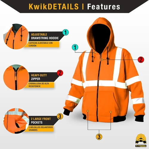 Miniatura 4 de KwikSafety - Charlotte, NC - Sudadera de forro polar de seguridad para hombres Chaqueta reflectante de alta visibilidad y PPE, ligera Naranja