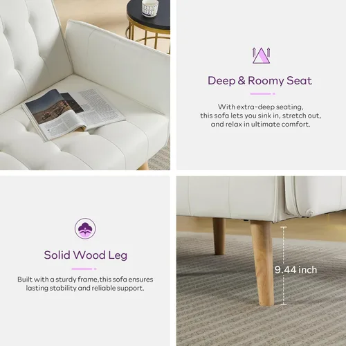 Miniatura 5 de TYBOATLE Sofá Cama Futon Plegable Convertible Tapizado en Cuero Sintético Blanco Moderno con USB, Sofá de 65", Muebles Sillones de Dos Plazas