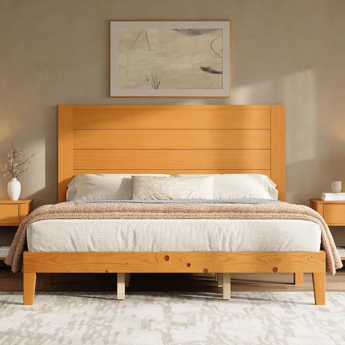 Miniatura 12 de AMERLIFE Base de cama tamaño Queen con cabecera de 48 pulgadas de alto, cama de plataforma de madera maciza moderna de mediados de siglo con sistema
