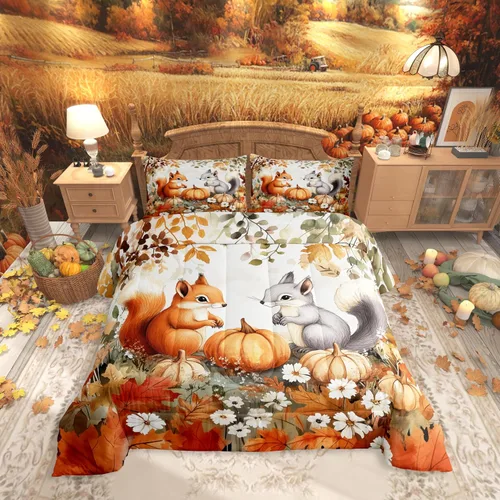 Miniatura 31 de Castle Fairy Juego de edredón de otoño con temática de Acción de Gracias, tamaño individual, juego de ropa de cama de calabaza, girasol, pavo