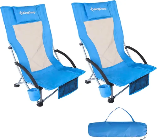 Miniatura 16 de KingCamp Paquete de 2 sillas de playa ligeras y plegables con respaldo alto con soporte para tazas, bolsa de almohada para acampar al aire libre