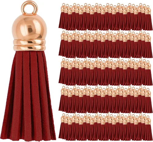 Miniatura 98 de Mandala Crafts 100 borlas de gamuza sintética color aguamarina con tapa dorada, suministros para hacer llaveros a granel, pequeñas borlas de cuero