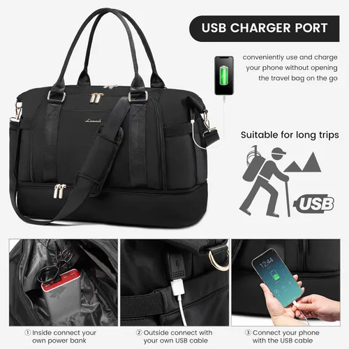 Miniatura 5 de Bolsa de gimnasio para mujer LOVEVOOK Travel Duffel Bag con puerto de carga USB, Negro