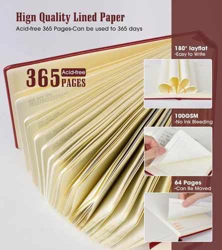 Miniatura 3 de Cuaderno rayado de 365 páginas, tamaño A5, diario grueso para escribir cuaderno a rayas, diario de cuero de tapa dura para mujeres y hombres, Vino