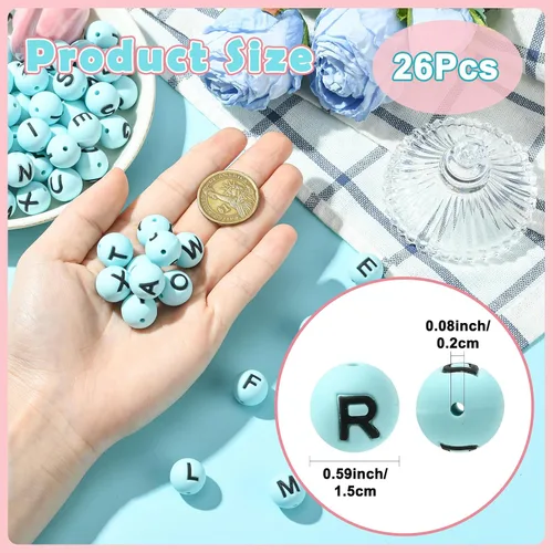 Miniatura 2 de 26 cuentas de silicona con letras de 0.591 in para hacer llaveros redondos de la A a la Z, cuentas focales de silicona para bolígrafos, pulseras