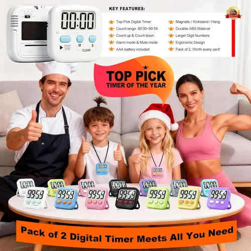 Miniatura 8 de Antonki Paquete de 2 temporizadores digitales para niños, temporizadores de cocina magnéticos de cuenta regresiva para cocinar, huevos, aula