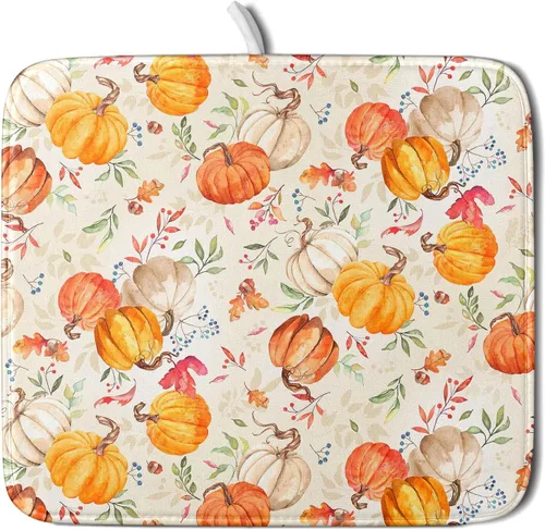 Miniatura 15 de Tapete de Secado de Platos de Florero de Girasoles Otoñales para Encimera de Cocina, Tapete de Secado de Hojas de Arce y Calabaza Otoñal de 16 x 18