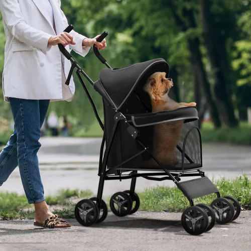Cochecito para mascotas para perros y gatos pequeños, 10-22 libras, almacenamiento trasero, negro
