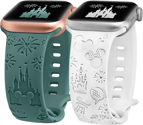 Miniatura 15 de 2 paquetes de correas grabadas con dibujos animados compatibles con Apple Watch de 38/40/41/42/44/45/46/49 mm, correa de silicona suave y linda