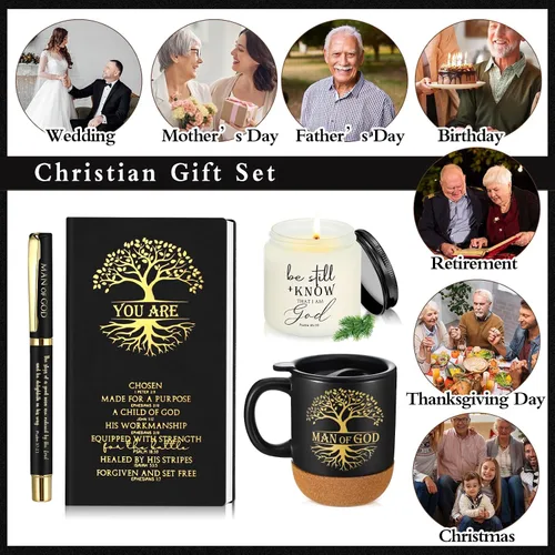 Miniatura 6 de Hushee 4 piezas de regalos cristianos para hombres, taza de café del hombre de Dios, diario de oración, vela perfumada, bolígrafo bíblico, regalos