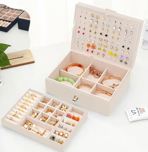 Miniatura 74 de Joyero de pendientes para mujeres y niñas, organizador de aretes de 5 capas, caja organizadora de joyas blanca con candado, collares y aretes