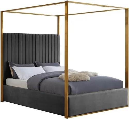 Miniatura 8 de Meridian Furniture JonesBlack-Q Jones Collection Modern Cama Queen tapizada contemporánea, terciopelo negro, acolchado de canal, marco de latón