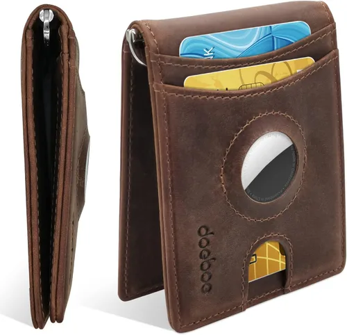 doeboe Soporte para cartera AirTag, cartera para hombre, de cuero auténtico, con clip para dinero, billetera delgada con RFID minimalista,