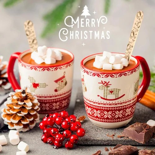 Miniatura 6 de Hoolerry 100 piezas cucharas de madera desechables de Navidad 14 cm Barra de degustación de invierno con sabor a barra de caramelo de chocolate