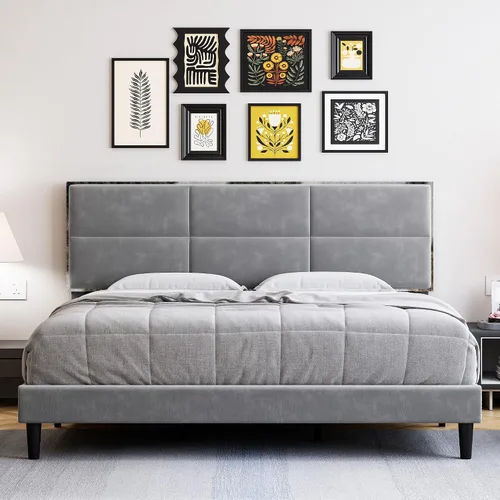Miniatura 3 de Base de cama tamaño matrimonial, base de cama con cabecera cuadrada de terciopelo, soporte de listones de madera, antideslizante y sin ruido,