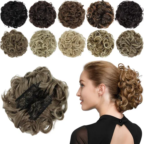 Miniatura 14 de Rose bud Postizo de Moño Rizado Extensiones de Moño Coletero Peinado Recogido Peinetas Sintéticas en Postizo de Moño Desordenado para Mujeres Marrón