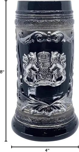 Miniatura 5 de OktoberfestHaus - Taza de cerveza con escudo de armas del Bayern alemán, escudo de armas Bier Krug con emblema de metal en jarra de cerámica negra