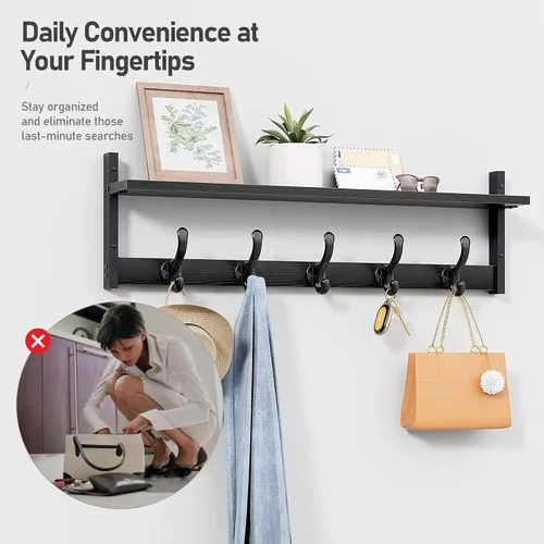 Miniatura 7 de Tatub Perchero rústico de 29 pulgadas con estante, ganchos de pared de entrada con estante, perchas para baño, sala de estar, dormitorio, negro