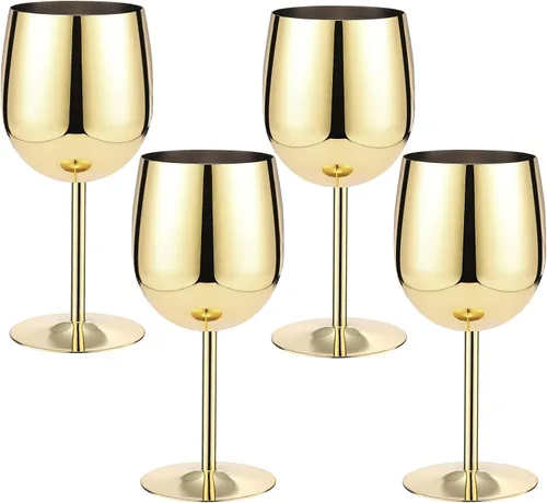 Irenare Juego de 4 copas de vino de acero inoxidable doradas de 12 onzas, copas de vino de metal irrompibles y portátiles para boda, aniversario,