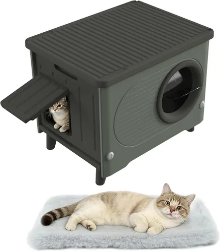Miniatura 10 de Casa para gatos al aire libre, resistente a la intemperie, refugio para gatos con puerta de escape y solapa de puerta de PET, apilable elevado