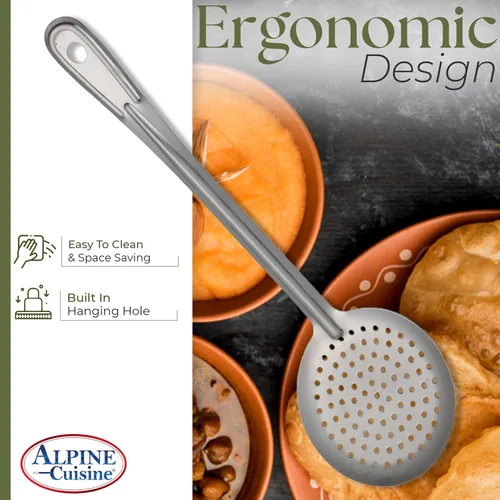 Miniatura 6 de Alpine Cuisine Cuchara desnatadora de acero inoxidable de 13 pulgadas, a prueba de óxido, formación integral, cuchara de espumadera duradera